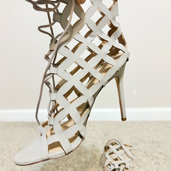 Cream High Heels with Stiletto Heel and Lattice Design - Picture 1 of 8